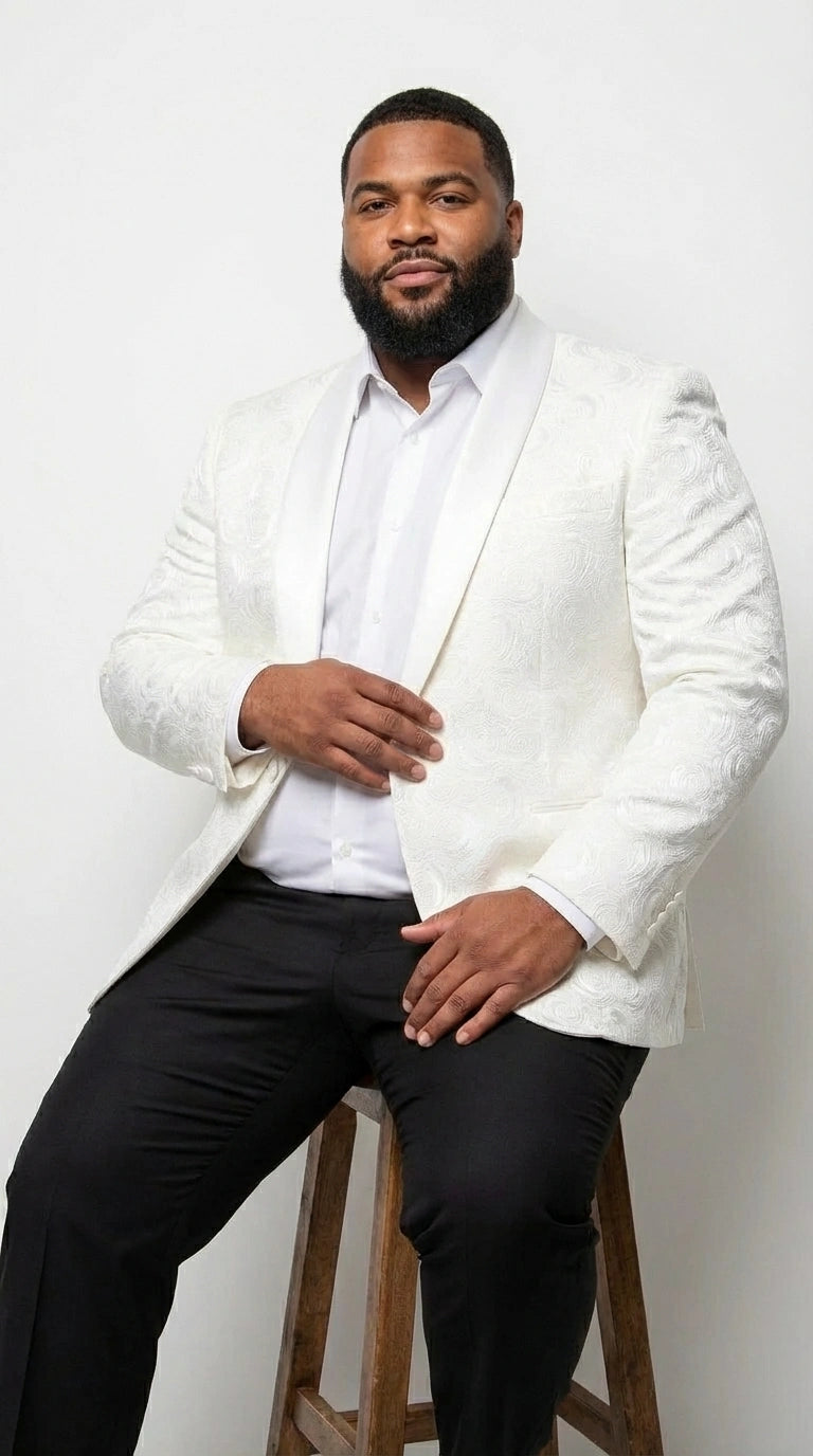 Men’s White Paisley Disco Blazer 1980s Style Jacket – Shawl Lapel Formal Party Blazer, Elegant Masquerade Club Wear, Stylish Evening Outfit