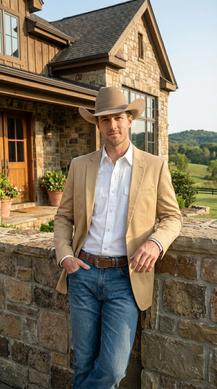Men’s Tan Camel British khaki Western Blazer – Two Button Classic Casual Sport Coat - Cowboy Country Coat
