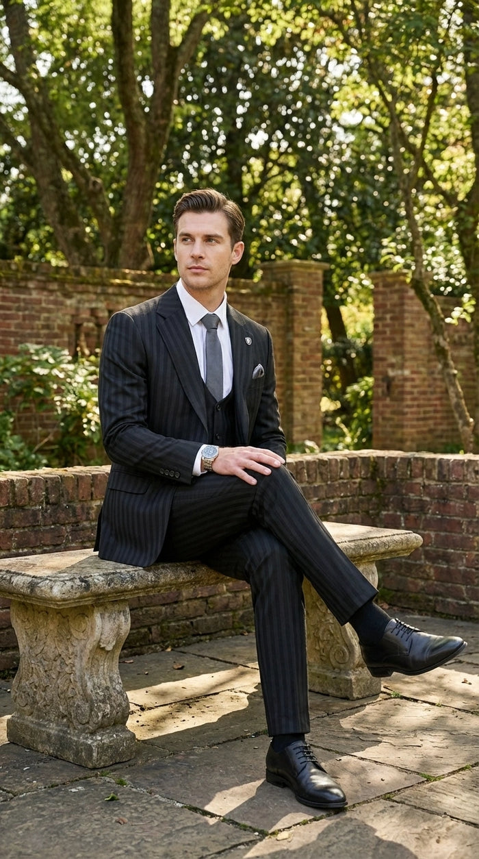 Men’s Black Pinstripe 3 Piece Suit – Vested Formal Business Suit for Wedding, Office, Prom and Party Wear