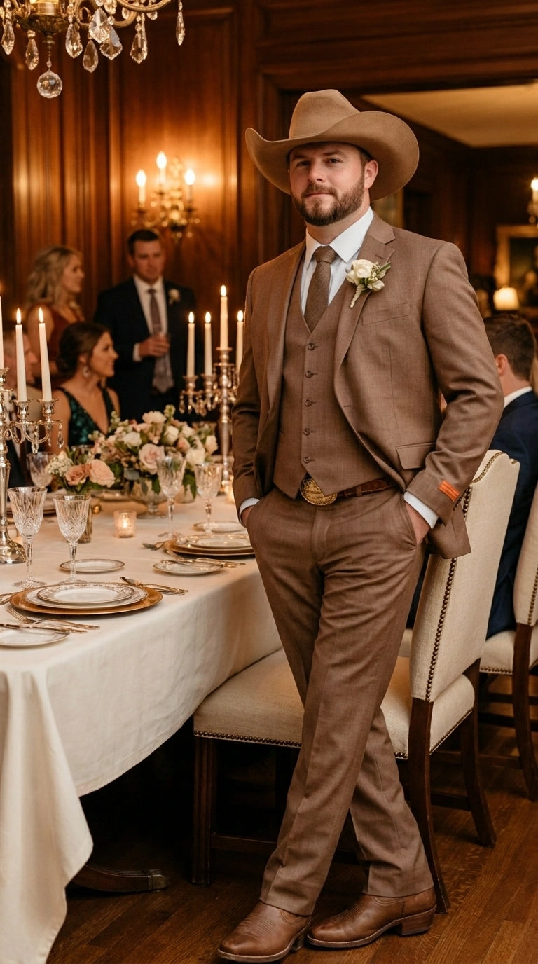 Men’s Light Brown Western 3 Piece Suit – Classic Country Style Blazer Vest Pants Set, Formal Cowboy Suit Toast