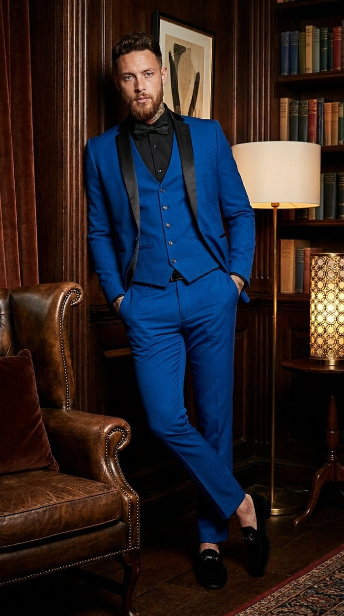 Men’s Royal Blue 3 Piece Suit with Black Lapel – Modern Formal Suit for Wedding, Prom and Party Wear