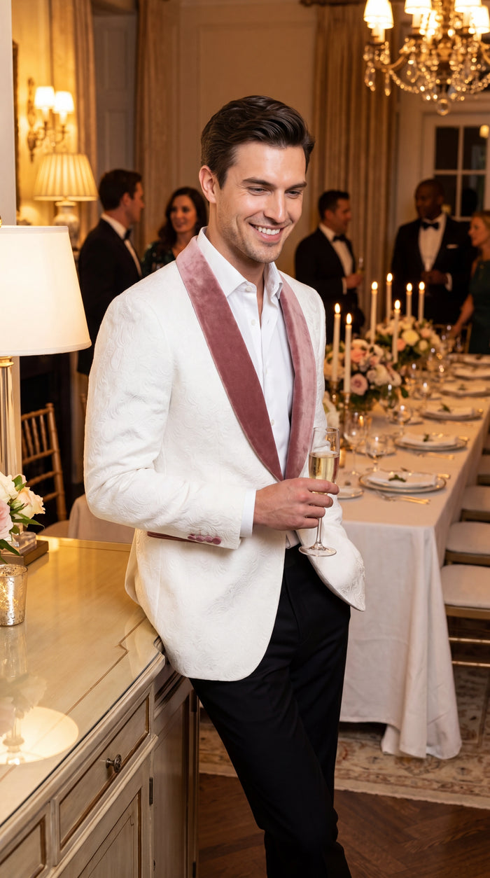 Men’s Ivory and Rose gold Floral Blazer – Elegant Shawl Lapel Formal Blazer Jacket for Wedding, Party, Prom