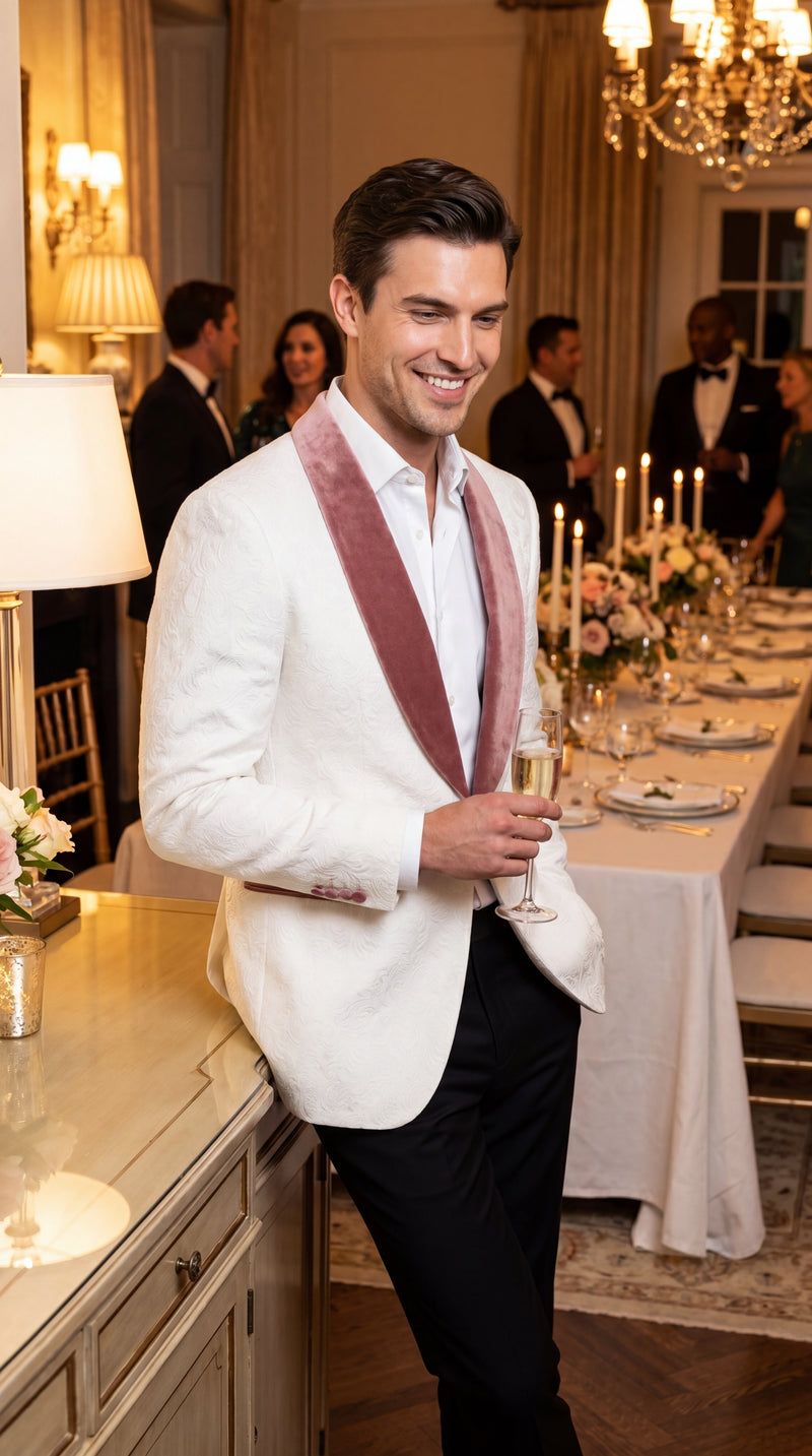 Men’s Ivory and Rose gold Floral Blazer – Elegant Shawl Lapel Formal Blazer Jacket for Wedding, Party, Prom