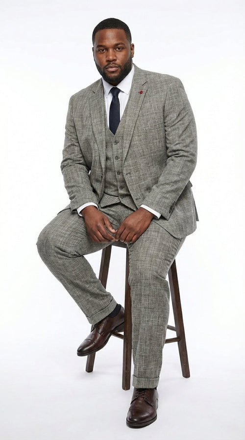 Vitali Brand Men’s Grey Textured Patterned 3 Piece Suit – Modern Fit Checkered Sharkskin with Blazer, Vest & Trousers, Business Wedding