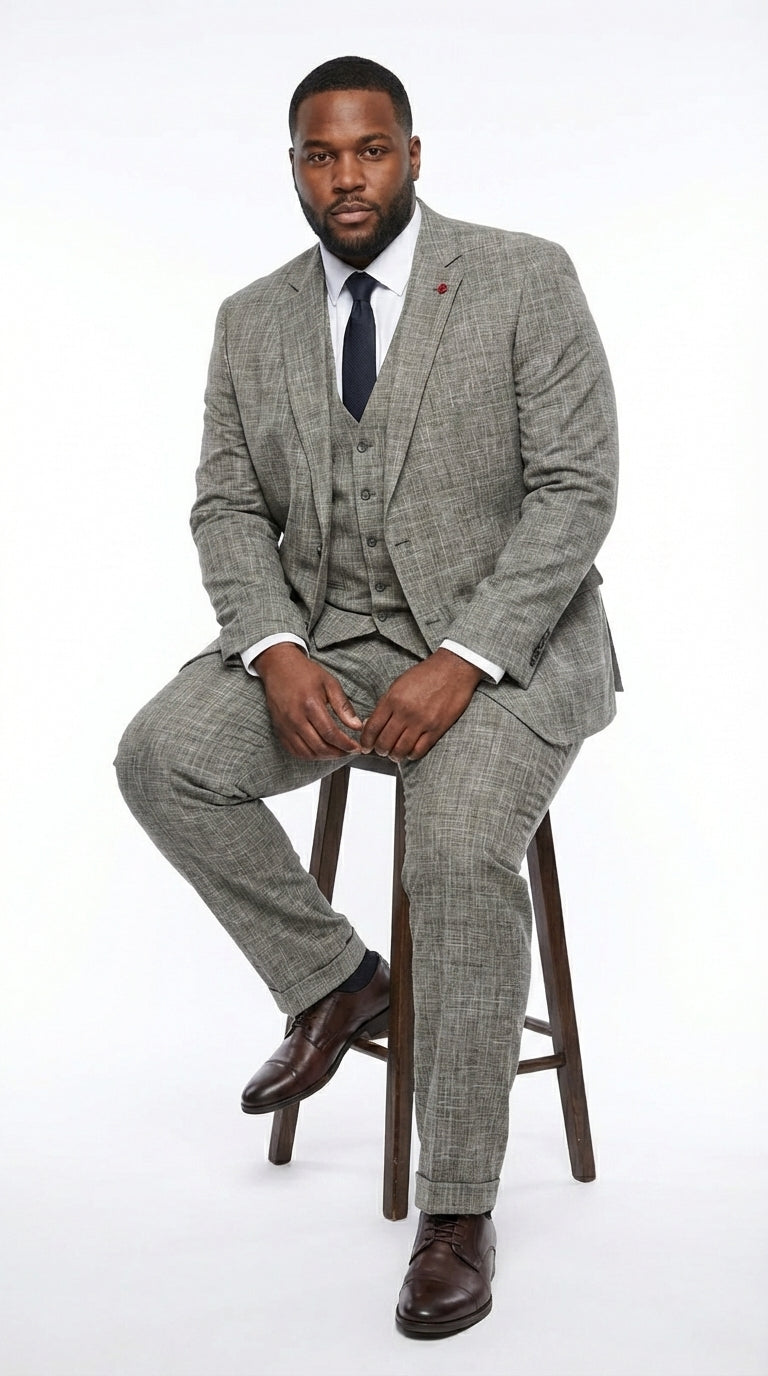 Vitali Brand Men’s Grey Textured Patterned 3 Piece Suit – Modern Fit Checkered Sharkskin with Blazer, Vest & Trousers, Business Wedding