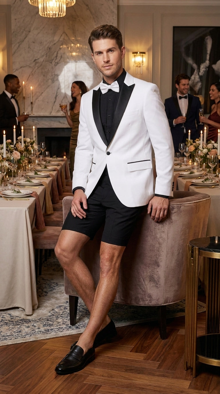 Men’s White and Black Tuxedo Suit with Shorts – Modern Formal Blazer and Short Pants Set for Wedding, Prom Suit