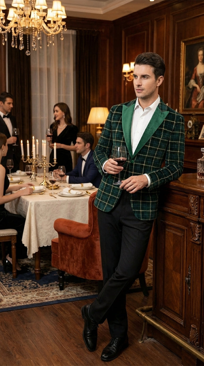 Mens Tartan Green and Gold Check Blazer – Windowpane Plaid Sport Coat Velvet Lapel Plaid Christmas Holiday New Year Jacket