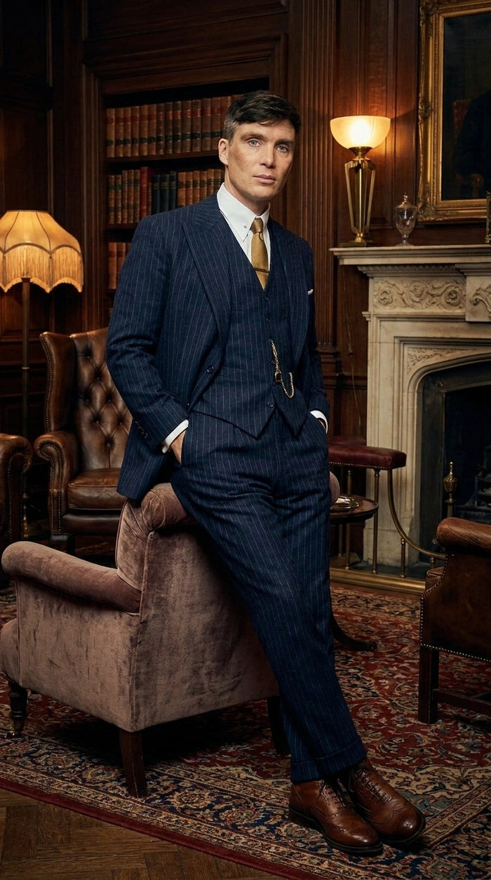 Men’s Navy Blue Pinstripe 3 Piece Suit, Thomas Shelby Inspired Vintage Formal Suit for Weddings, Parties, Prom, and Special Events