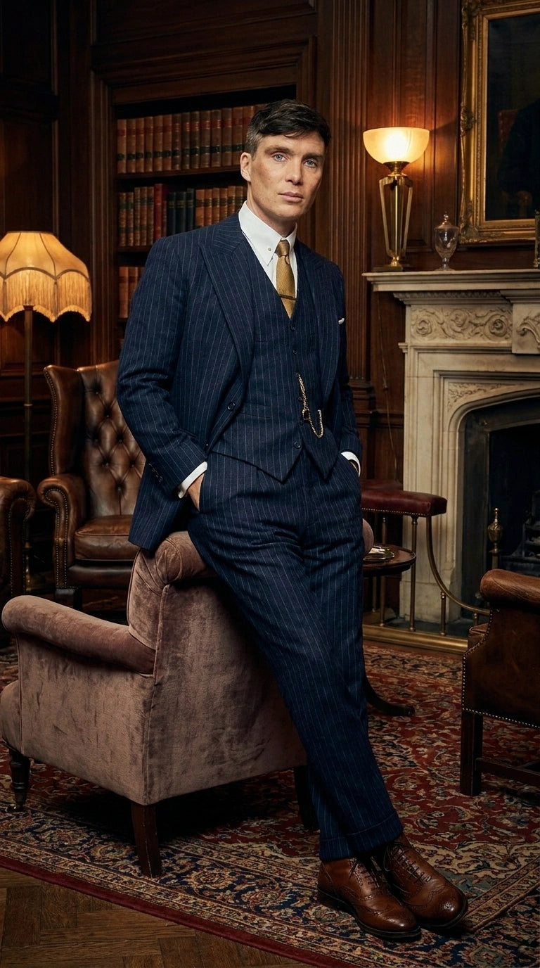 Men’s Navy Blue Pinstripe 3 Piece Suit, Thomas Shelby Inspired Vintage Formal Suit for Weddings, Parties, Prom, and Special Events