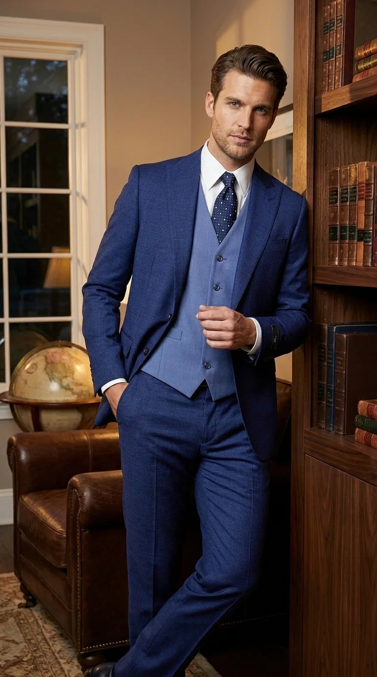 Vitalli Men’s Navy Blue 3 Piece Suit with Light Blue Vest, Textured Formal Dress Suit for Weddings, Prom, Business Events, and Parties
