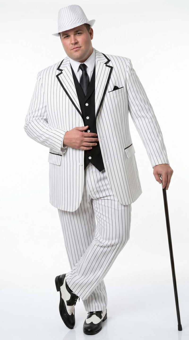 Men’s White Pinstripe 1920s Gangster 3 Piece Suit, Black Contrast Formal Costume Suit for Parties, Prom, Weddings, and Theme Events
