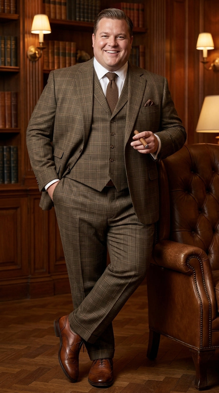 Men’s 1930s Brown Plaid 3 Piece Suit, Vintage Formal Wedding Business Dress Suit Set