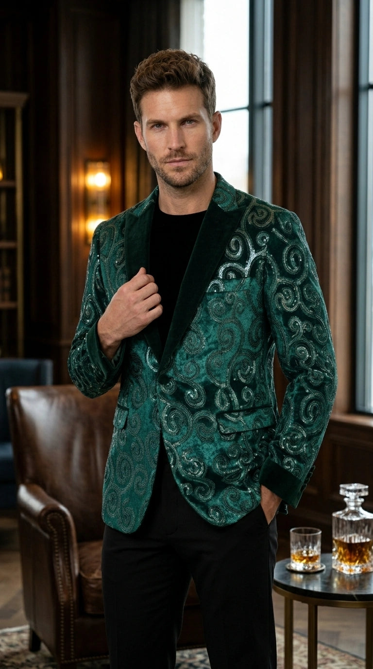 Men’s Emerald Green Paisley Tuxedo Dinner Jacket with Black Lapel, Formal Prom Wedding Party Blazer