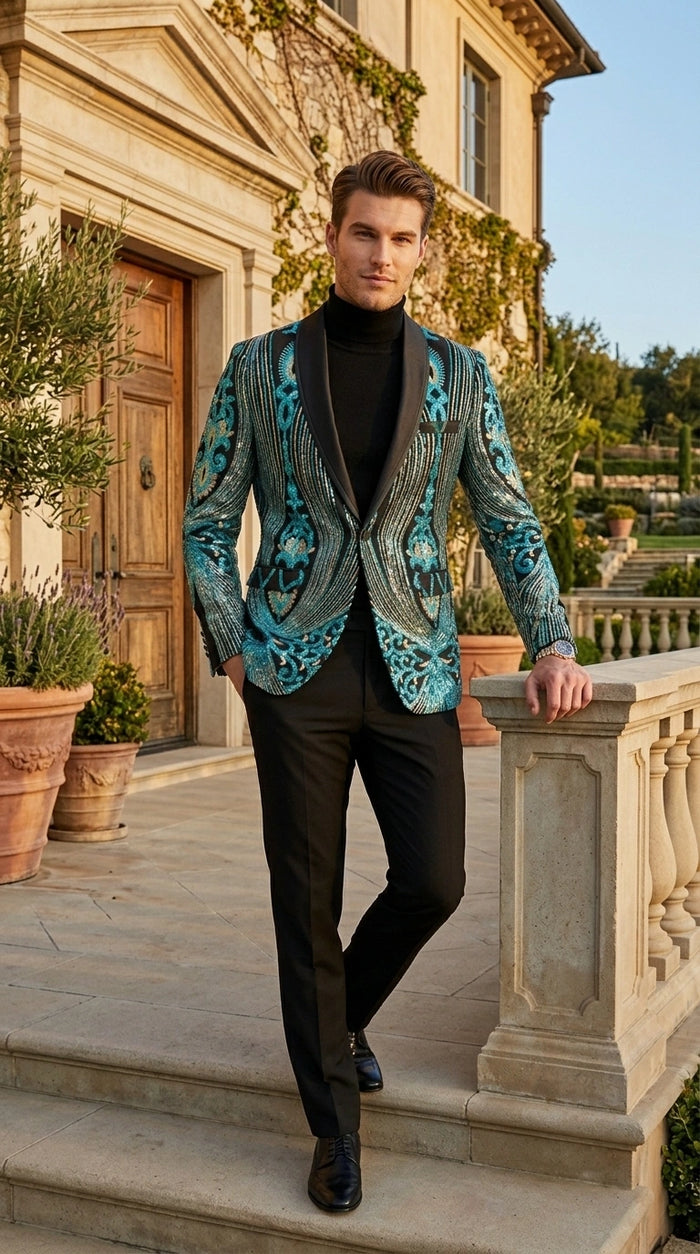 Men’s Black and Turquoise Blue With teal green Sequin Dinner Jacket, Formal Prom Wedding Paisley Floral Mardi Gra Pattern