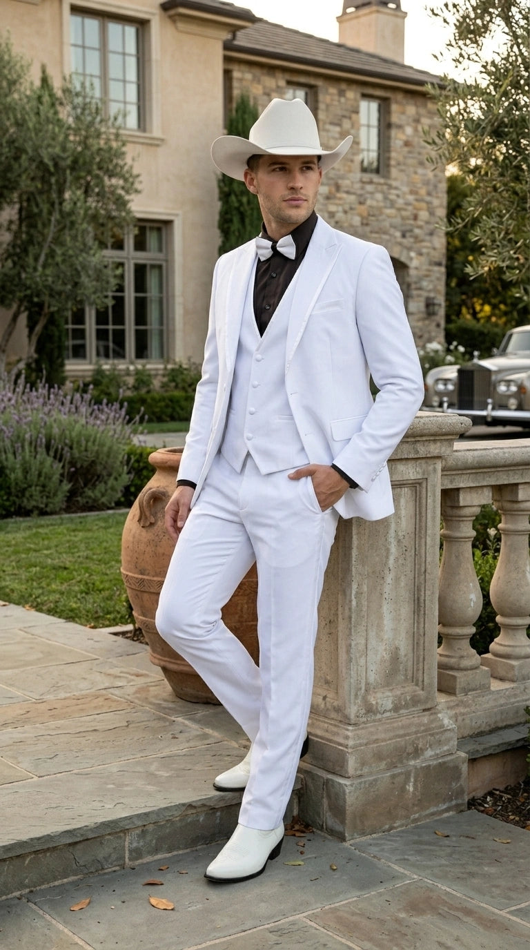 Men’s White Western Cowboy 3 Piece Tuxedo Suit, Formal Wedding Prom Groom Suit Set
