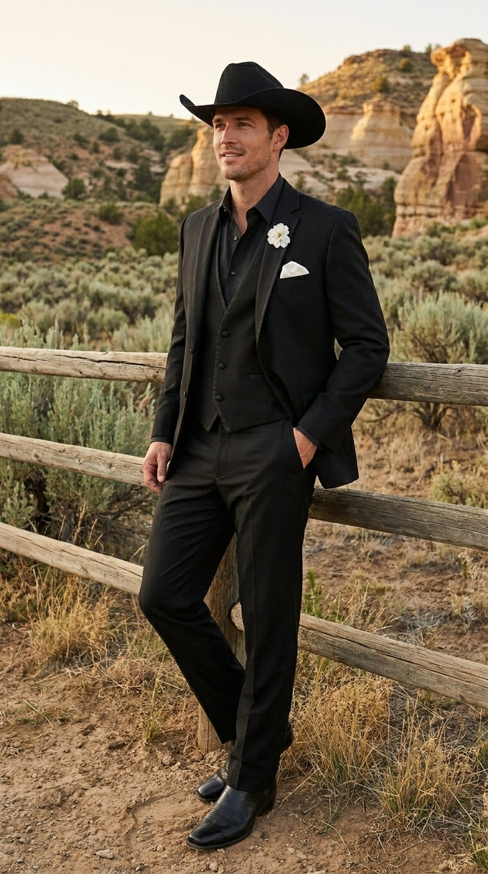 Men’s Black Western Tuxedo Suit, 3 Piece Cowboy Formal Wedding Prom Suit with Satin Trim