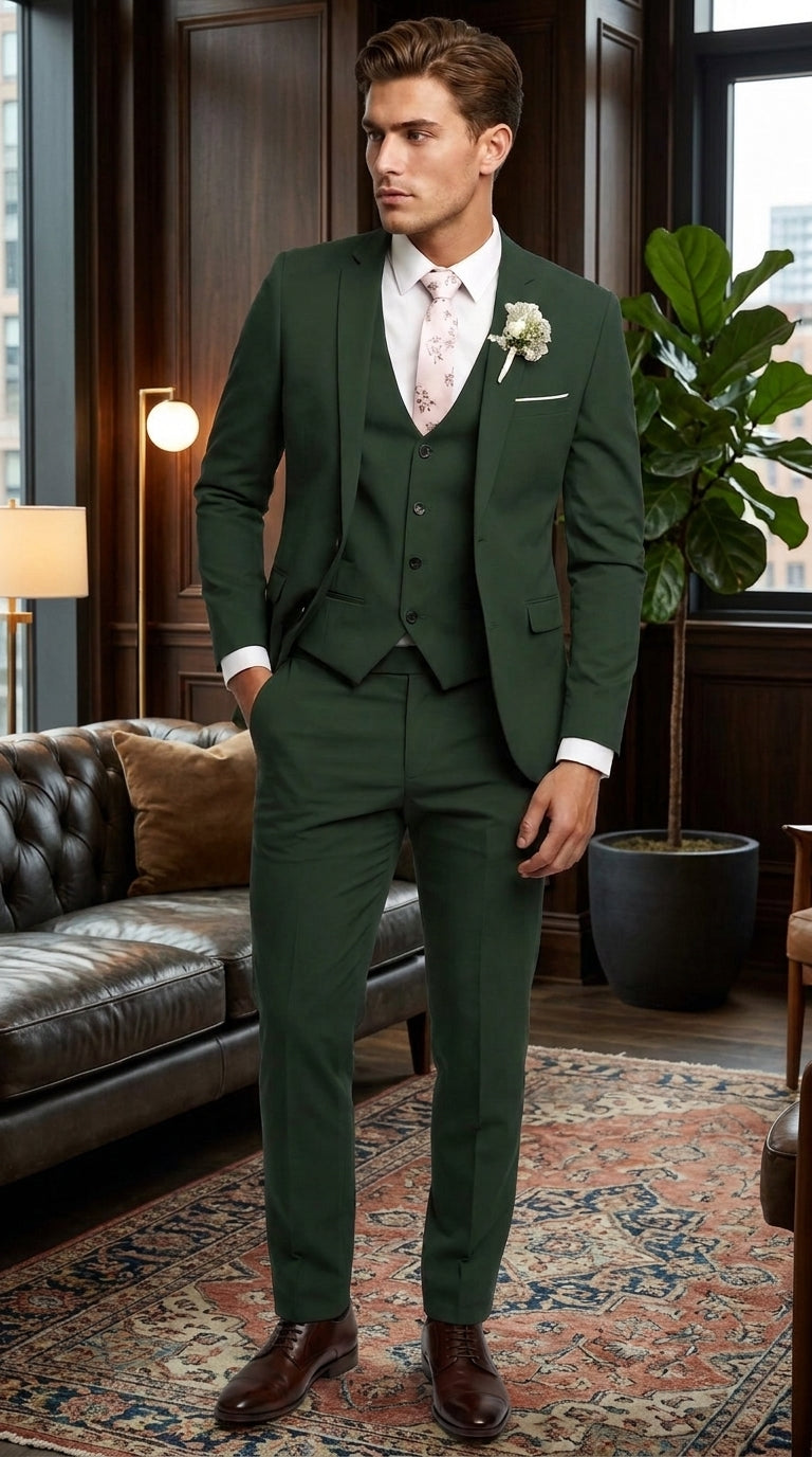 Men’s Forest Green 3 Piece Wedding Suit, Formal Groom Groomsmen Dress Suit Set