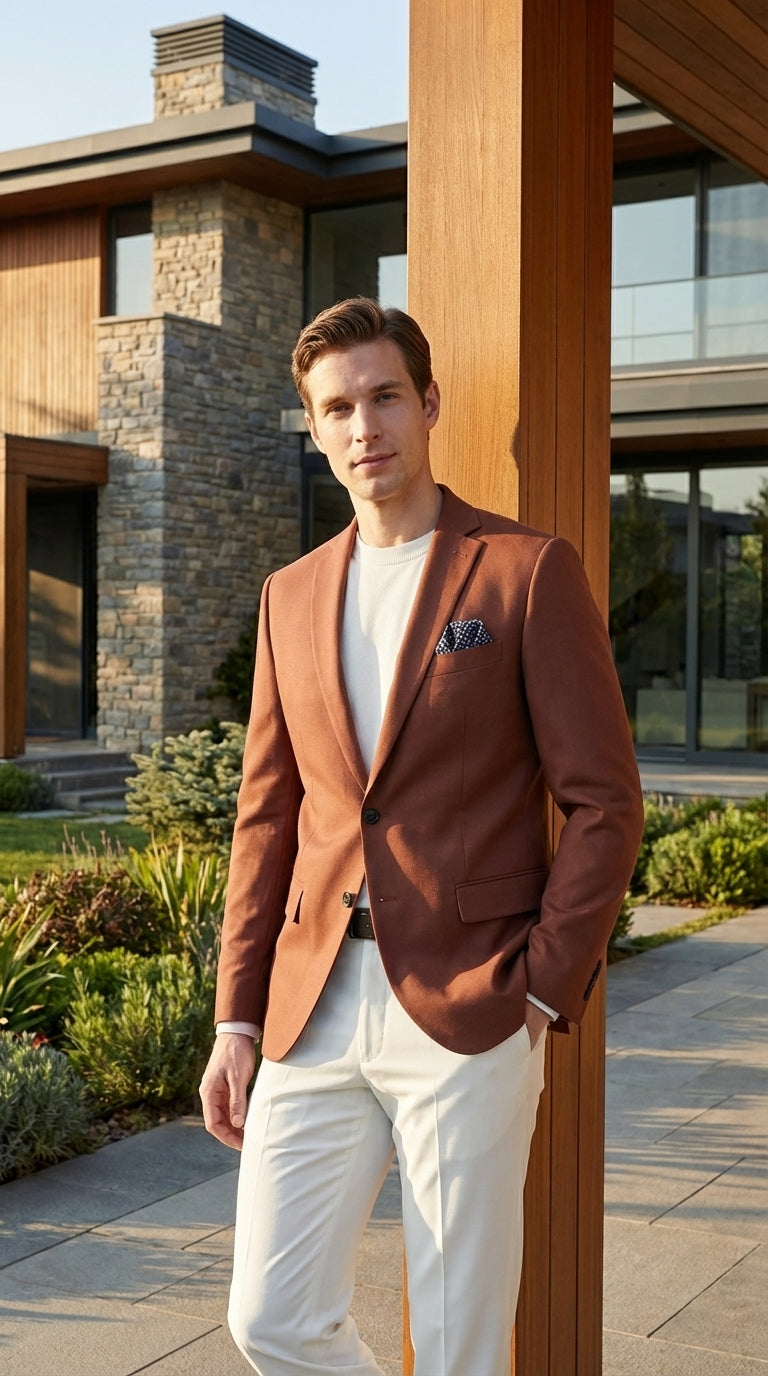 Mens Rustic Brown Light Burnt Orange Copper Blazer – Classic Fit Single Breasted Formal Casual Dress Jacket