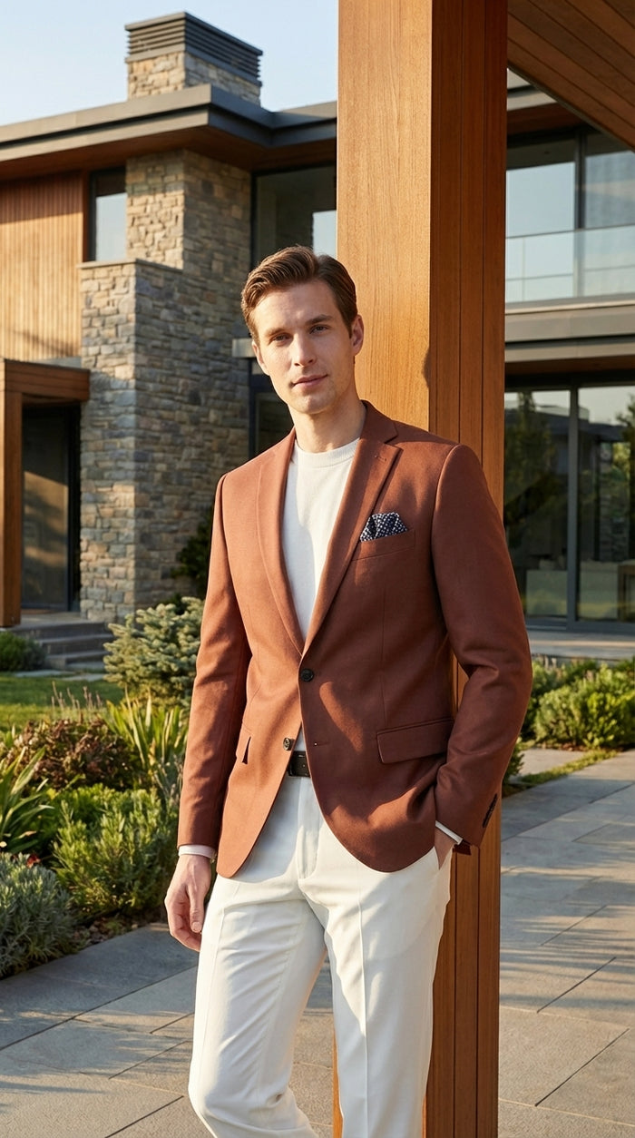 Mens Rustic Brown Light Burnt Orange Copper Blazer – Classic Fit Single Breasted Formal Casual Dress Jacket