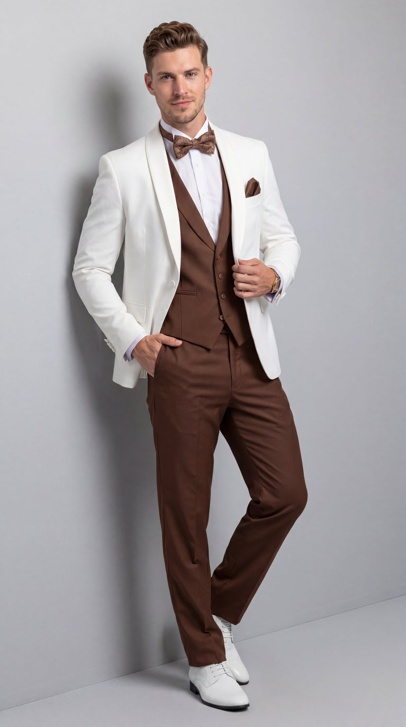Men’s Ivory and Brown 3 Piece Suit – Elegant White Blazer with Brown Vest and Trousers for Wedding, Prom and Formal Events in off White Cream + Bowtie