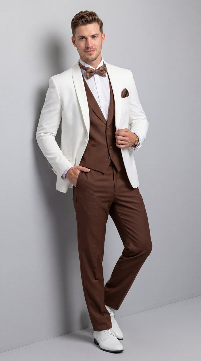 Men’s Ivory and Brown 3 Piece Suit – Elegant White Blazer with Brown Vest and Trousers for Wedding, Prom and Formal Events in off White Cream + Bowtie