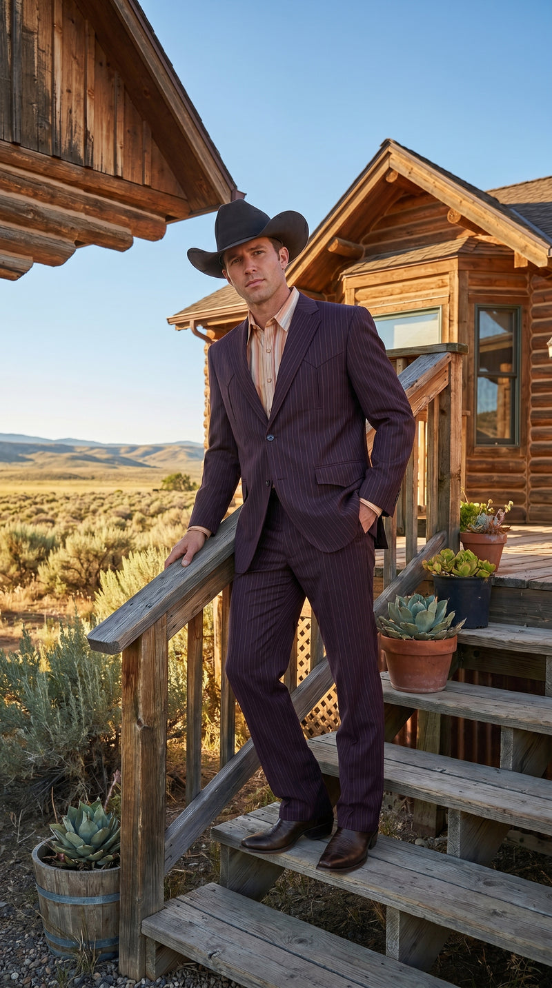 Men’s Brownish Black Pinstripe Western Suit, Cowboy Formal Wedding Ranch Dress Suit Set Slim Fitted