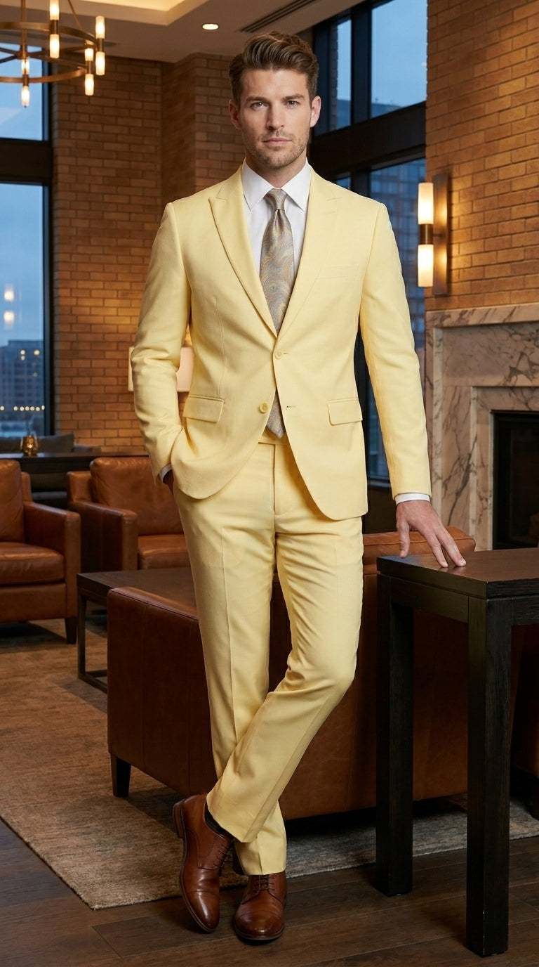 Men’s Pale Yellow 2 Piece Suit, Formal Dress Suit for Weddings, Prom, Parties, Summer Events, and Special Occasions By Vitali