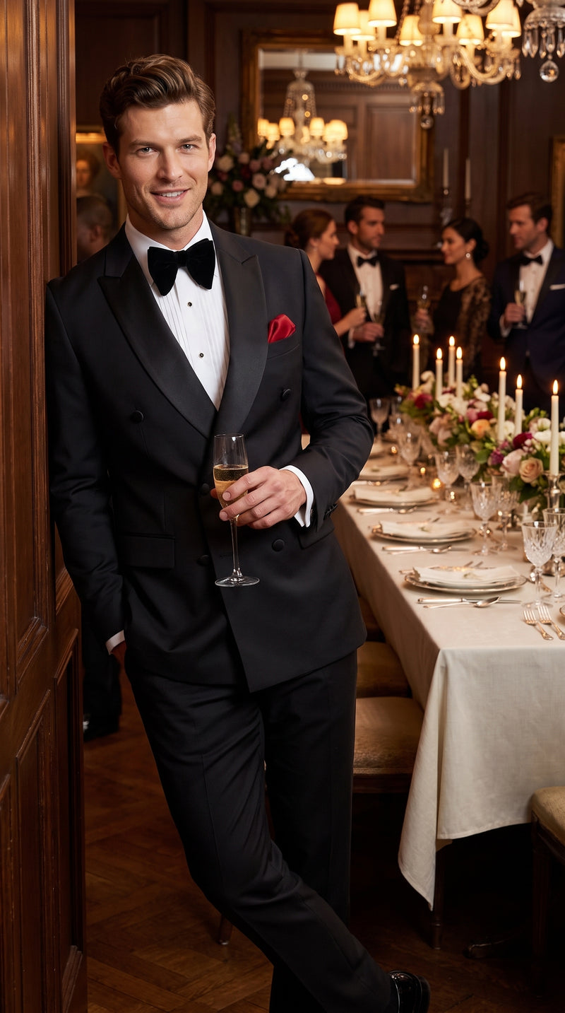 Men’s Black Double Breasted Evening Wear Suit with Satin Shawl Lapel and Red Pocket Square