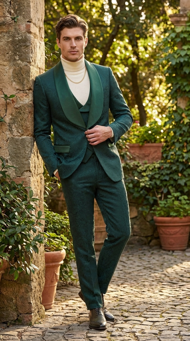 Mens Hunter Green Wedding Tuxedo Suit – Paisley Pattern Three Piece Formal Suit Set with Shawl Lapel for Groom, Prom in Emerald green