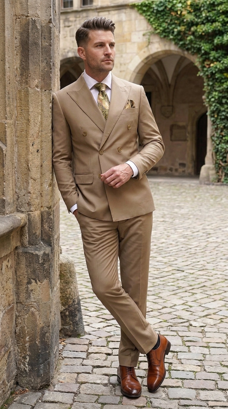 Men’s Statement Brand Caramel Khaki Double Breasted Wool Suit, Designer Formal Business Suit Set Wool Suit in Camel Color