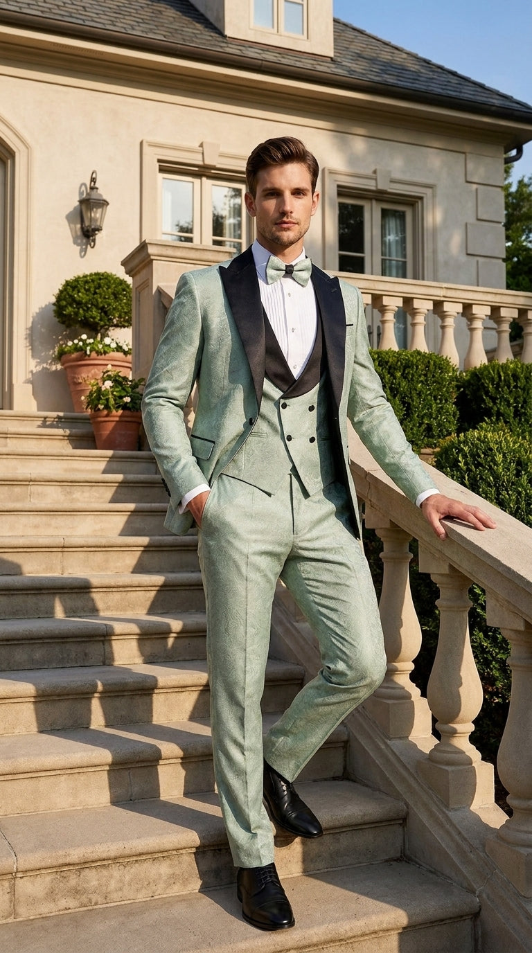 Men’s Sage Green Wedding Tuxedo with Black Shawl Lapel – 3 Piece Groom Prom Suit Mintish Color