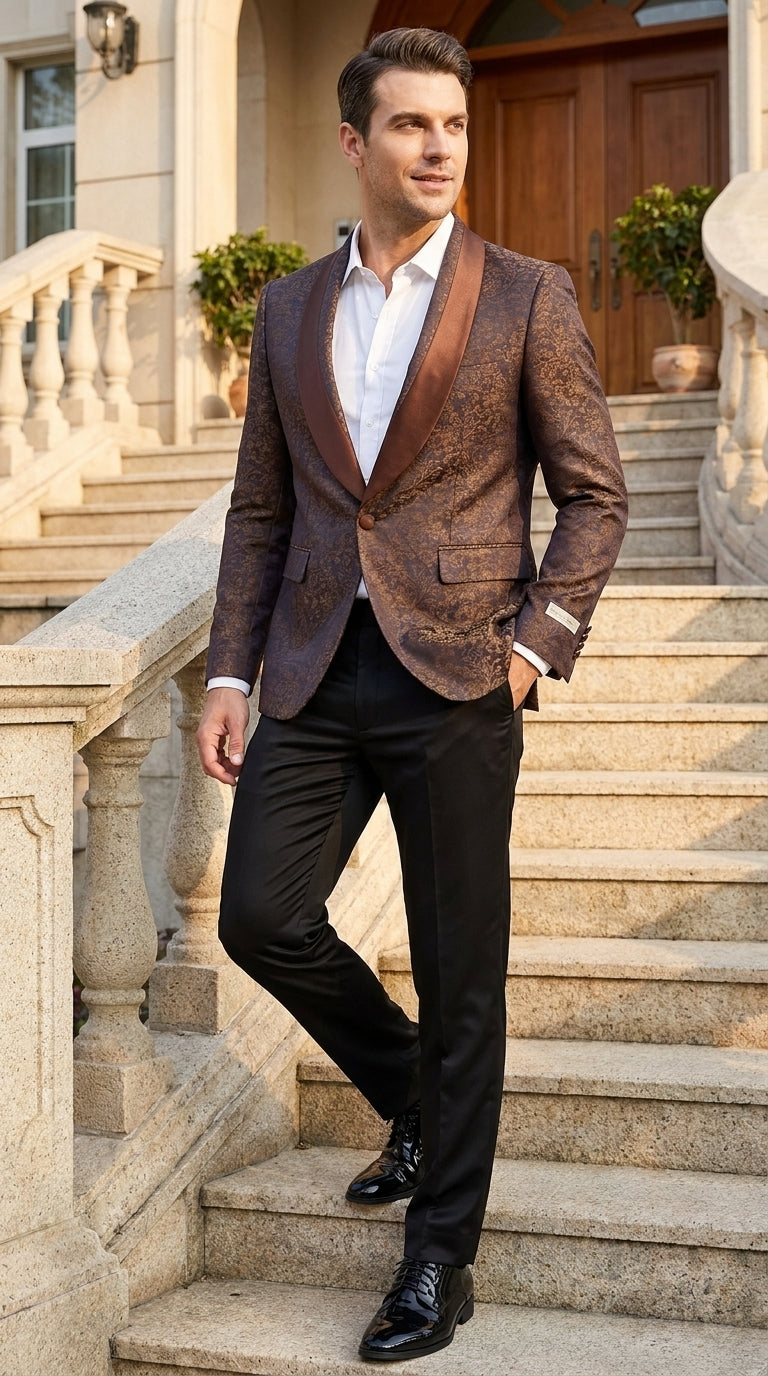 Men’s Light Brown Paisley Tuxedo Jacket, Wedding Prom Dinner Blazer with Satin Shawl Lapel