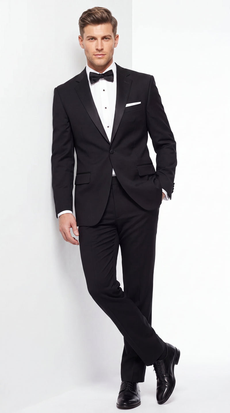 Men’s Black Uniform Tuxedo – One-Button Satin Lapel Formal Suit for Weddings, Prom and Events