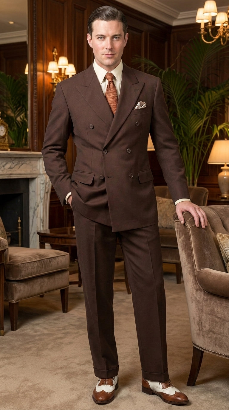 Men’s Brown Vintage Double Breasted Suit, Classic 1940s Style Formal Wedding Business Suit Set