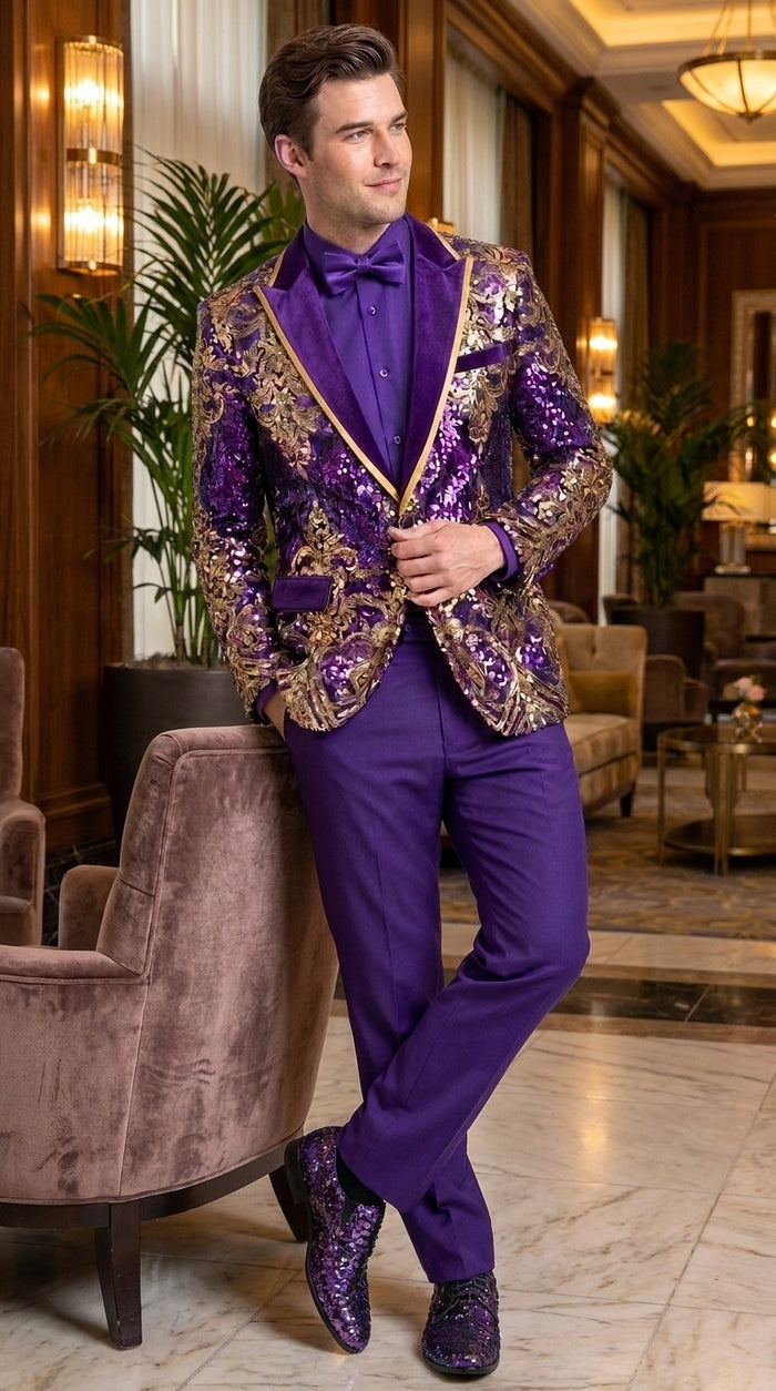 Men’s Purple and Gold Sequin Suit with Pants – Luxury Prom, Wedding and Party Blazer
