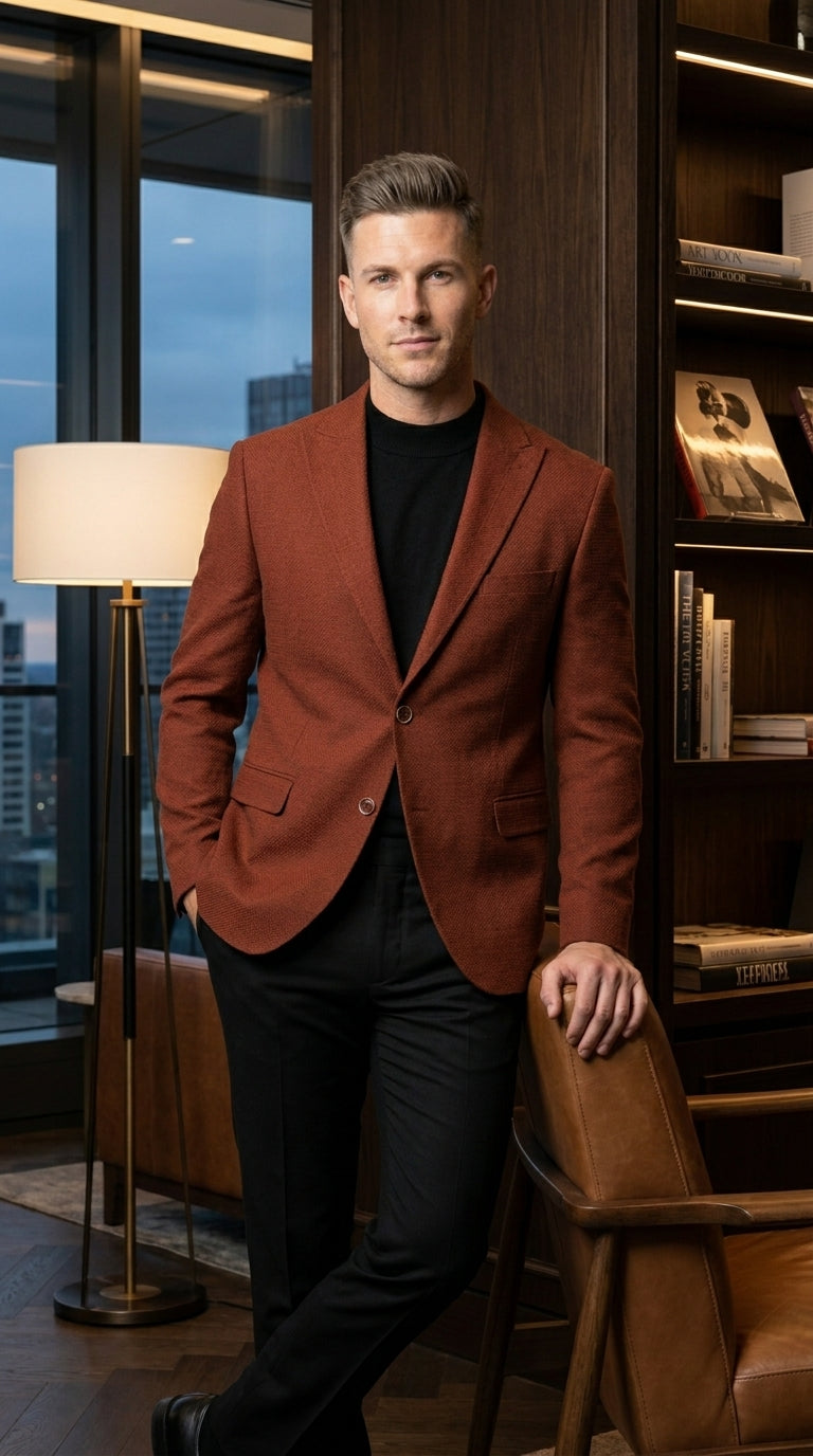 Men’s Rustic Brown Textured Blazer with Notched Lapel, Formal Dress Jacket for Weddings, Parties, Business Look