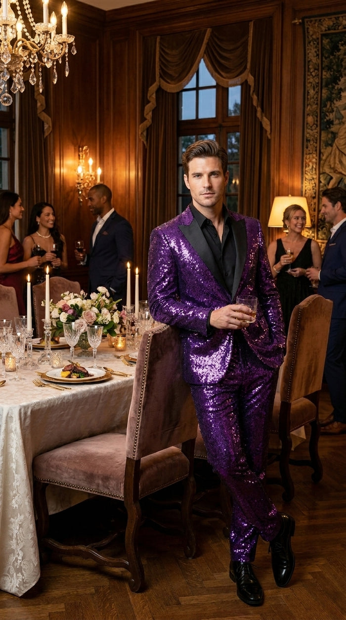 Men’s Purple Glitter Tuxedo Suit with Black Lapel, Party Stage Performance Formal Suit