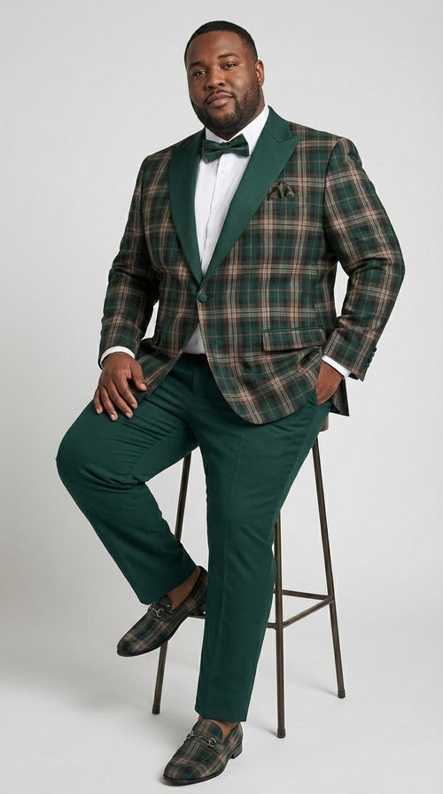 Mens Tartan Green and Brown Blue Plaid Tuxedo Dinner Jacket Set – Checkered Prom Blazer with Dark Green Pants Formal Wedding Party Wear