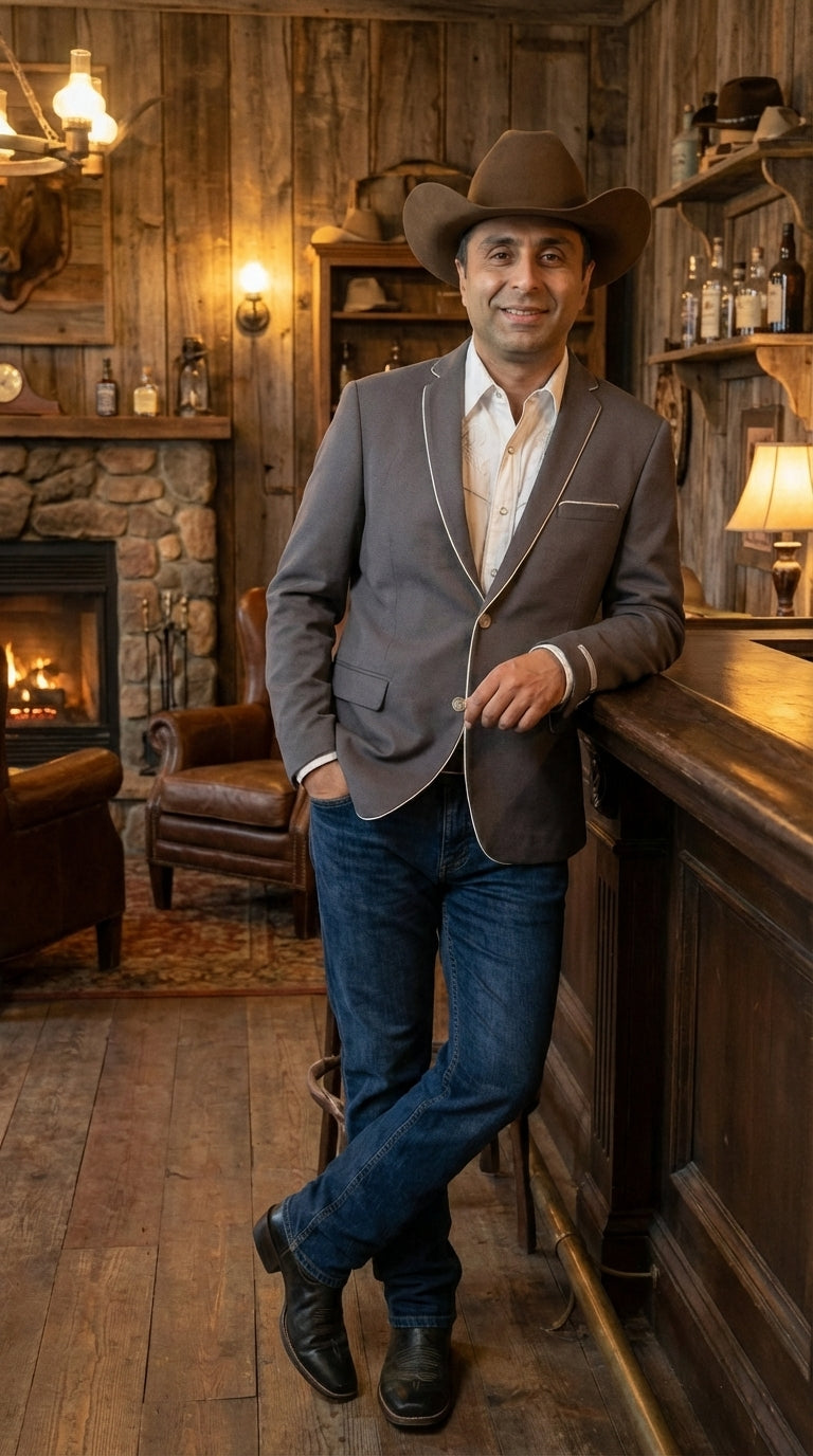 Mens Grey and White Trim Western Blazer – Classic Fit Cowboy Style Contrast Trim Dress Jacket