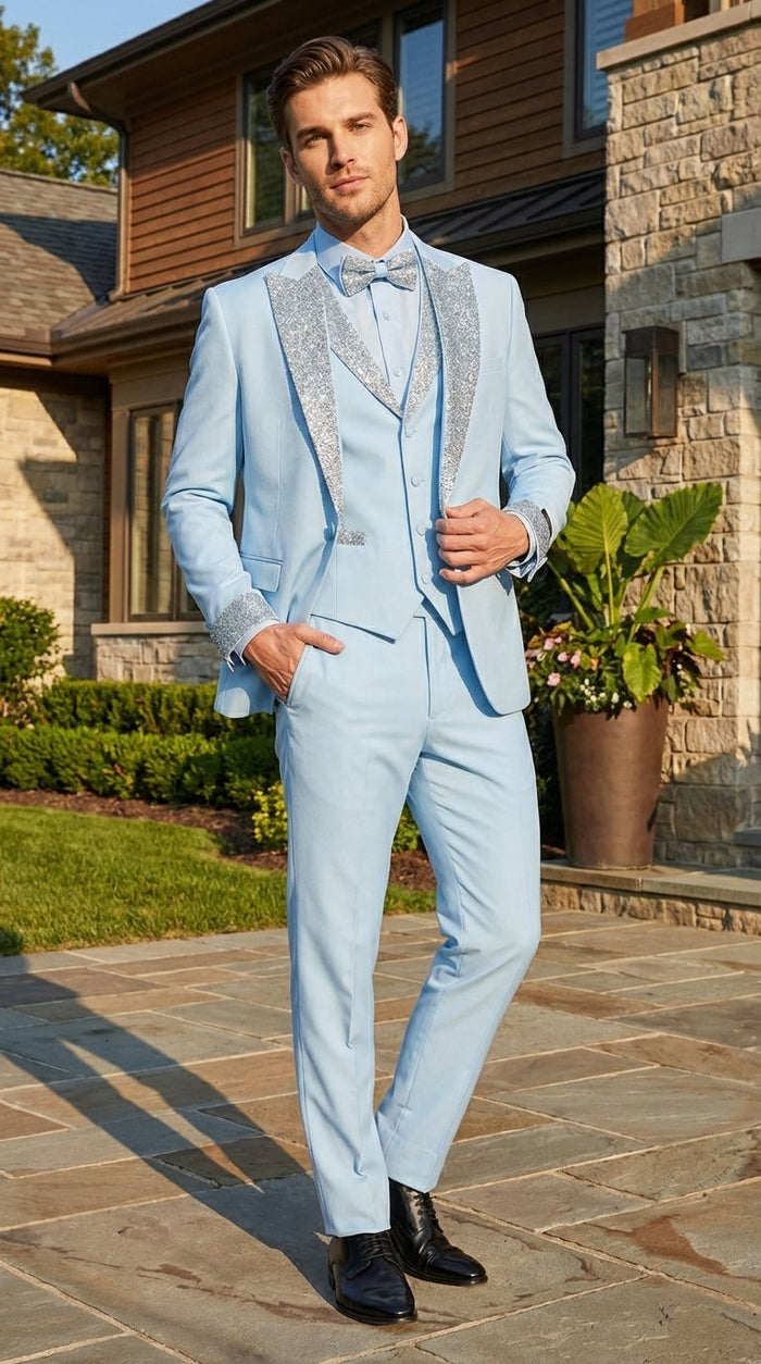 Men’s Light Blue Suit with Silver Glitter Lapel – Light Blue Formal Tuxedo Suit for Prom, Wedding and Special Occasion Wear in Sky Baby Blue
