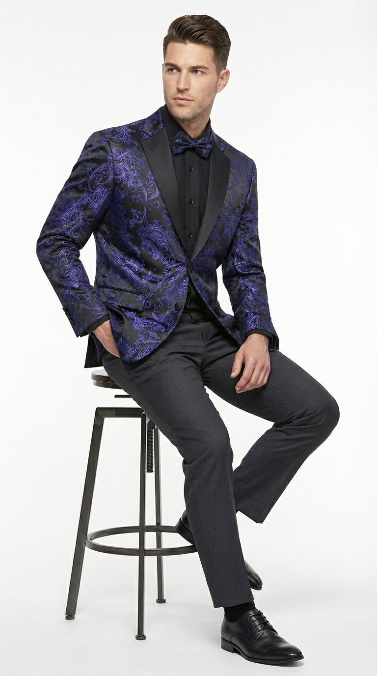 Mens Royal Blue Paisley Jacquard Blazer – Luxury Pattern Tuxedo Dinner Jacket with Black Satin Lapel for Wedding, Prom With Bowtie