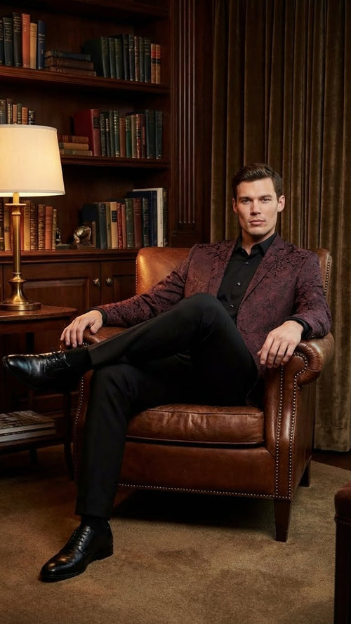 Men’s Burgundy Paisley Blazer Sport Coat – Velvet Dinner Jacket floral in Maroon Wine Color Ultra Slim Fit Smoking Jacket
