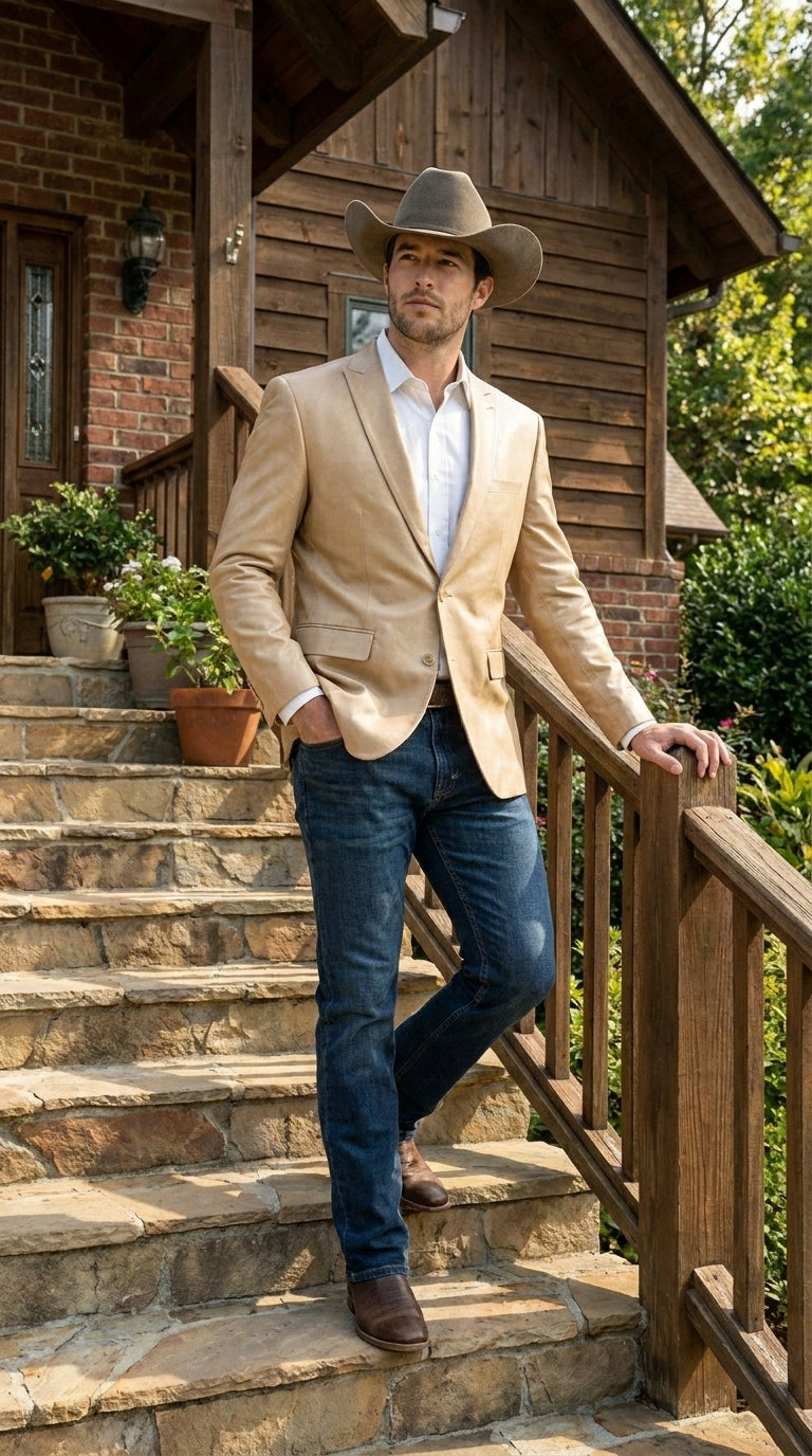 Men’s Champagne Gold Western Blazer, Formal Cowboy Wedding Ranch Sport Coat Jacket tan beige color sheen sharkskin fabric