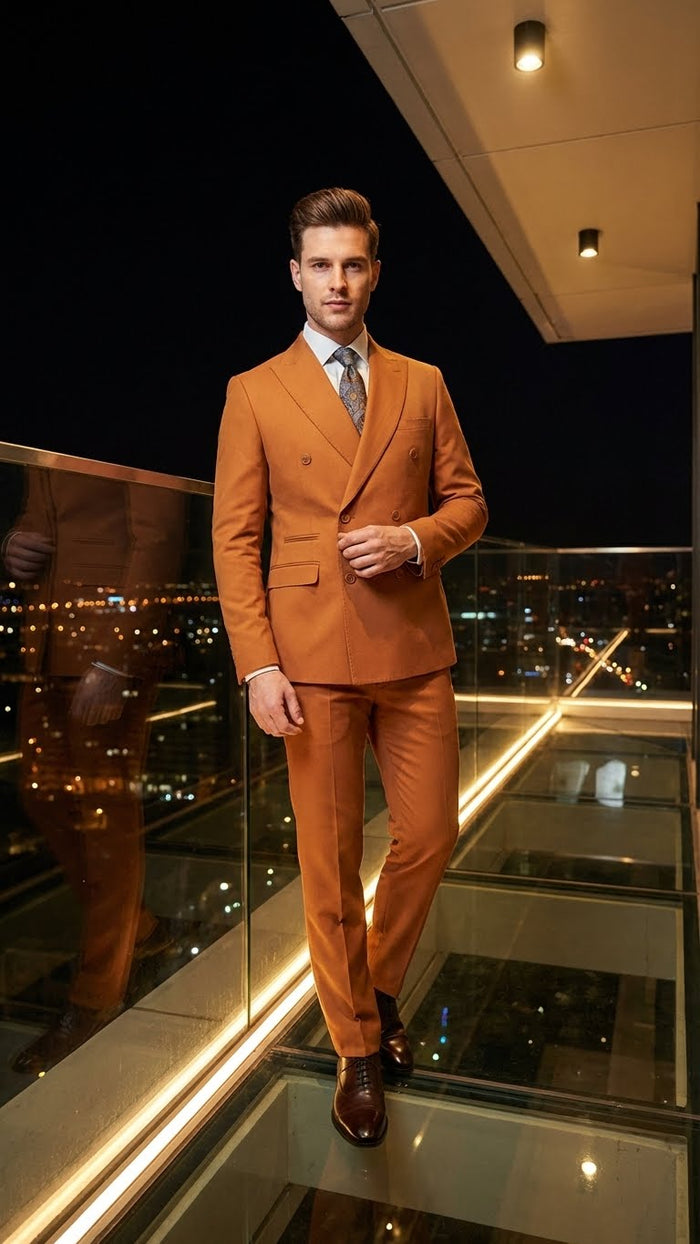 Vitali by Alberto Nardoni men's suit in rust-orange. Double-breasted, slim fit with tailored silhouette, pronounced lapels, and smooth fabric. Includes matching slim trousers. Warm color complemented by a patterned tie.
