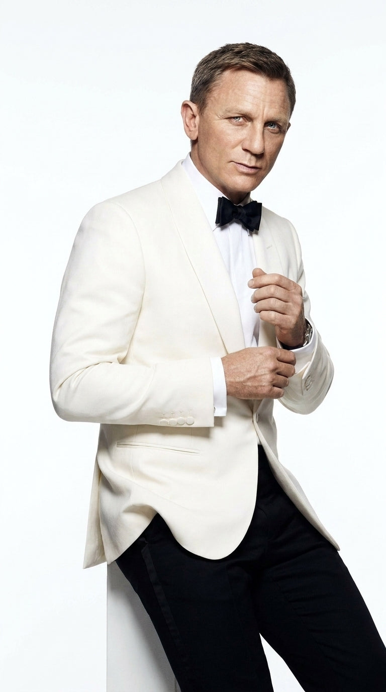 Men’s James Bond Style Ivory Dinner Jacket, White Tuxedo Blazer for Wedding, Prom and Black Tie Events