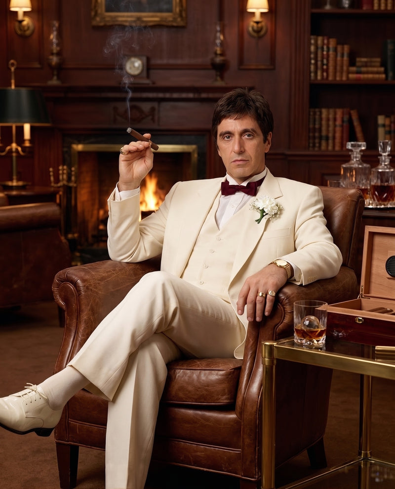 Tony Montana’s Ivory Vested Suit – Classic Ivory 3 Piece Suit for Wedding, Formal and Evening Wear