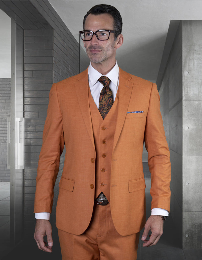 Rust-colored men's slim-fit wool suit: 2-button jacket, single-breasted, with matching 5-button vest. Features slim-fit trousers. Lightweight, smooth fabric.