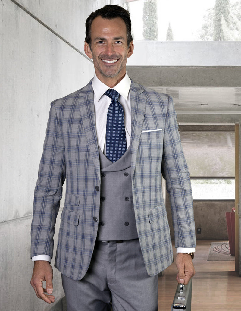 Men's grey plaid suit jacket with matching double-breasted vest. Features: two front pockets, peak lapel, and a light/dark grey pattern.
