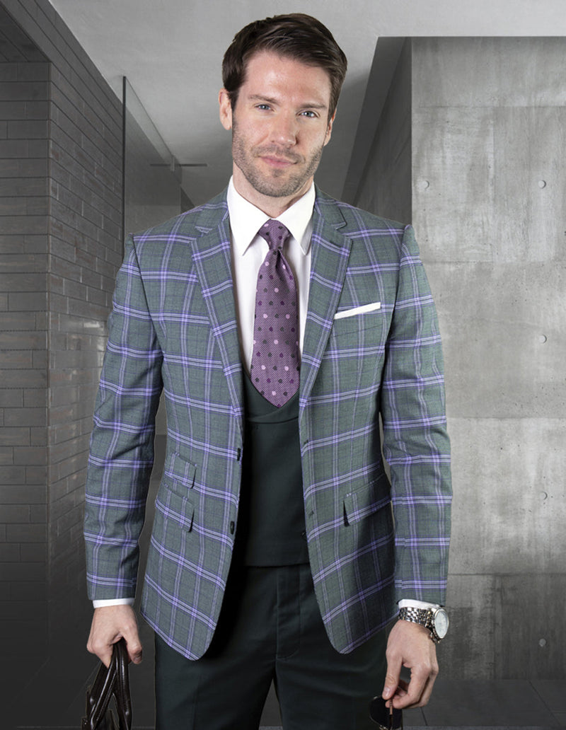 Men's hunter green plaid suit with purple accents, featuring a 2-button jacket and low-cut matching vest. Made from textured fabric.