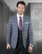 Men's hunter green plaid suit with purple accents, featuring a 2-button jacket and low-cut matching vest. Made from textured fabric.